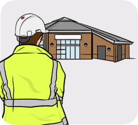 A construction worker, wearing an helmet and a safety vest, looking at a house 